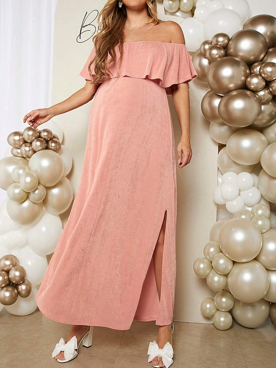 SHEIN Loomaby Maternity Flounce Off Shoulder Long Dress, Casual Elegant