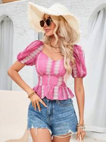 Aveloria Puff Sleeve A-Line Random Geometric Print Women Shirt - Multicolor - View 1