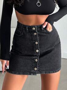 Cottnline Button Front Denim Skirt - Black and White - View 1