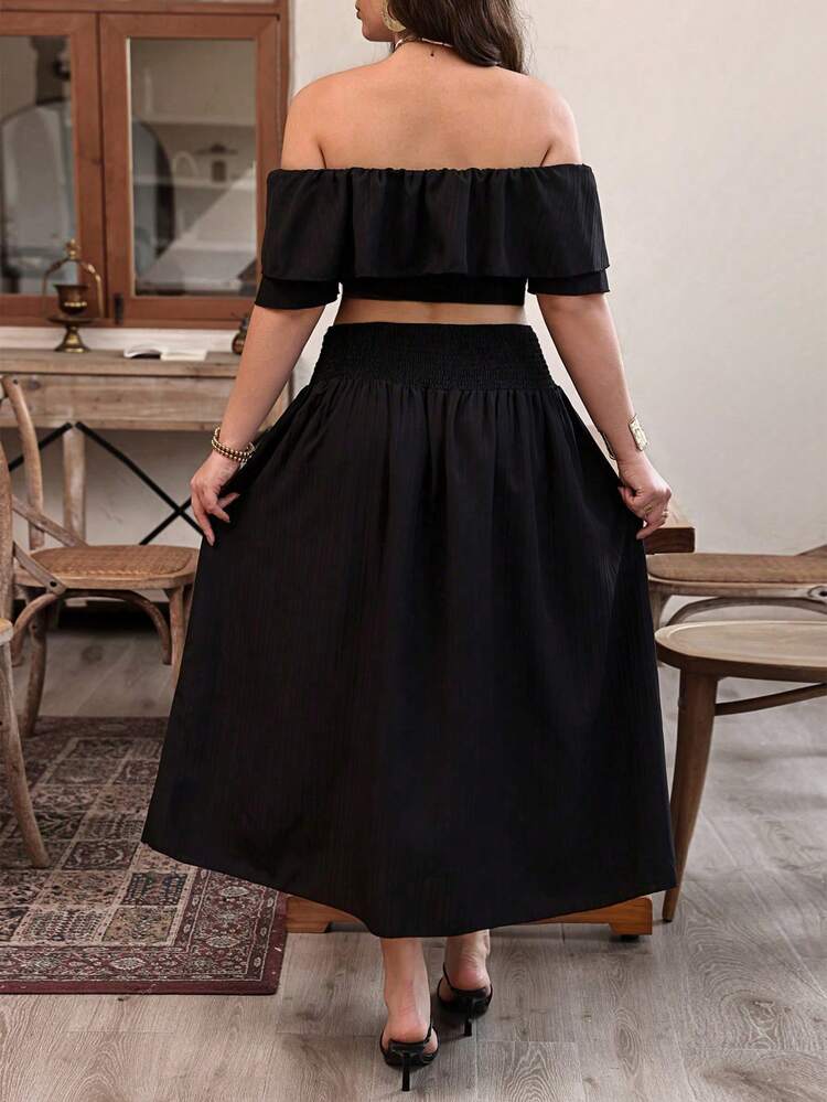 Plus Size Women's Off-Shoulder Puff Sleeve Crop Top And Skirt Set