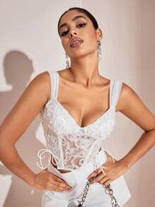 SHEIN BAE Áo corset thắt dây quyến rũ cho đêm giao thừa và Giáng sinh - trắng - Xem 3