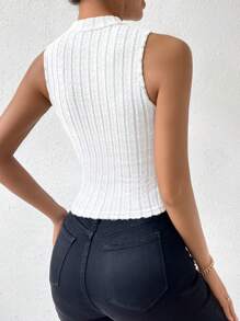 Calvaya Top De tank unicolor Acanalado De Cuello Alto Para Mujer - Blanco y Negro - Ver 2