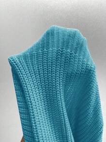 Chiquease 女士纯色立领不对称肩部针织套头衫，秋冬款 - 藍色 - 查看 7