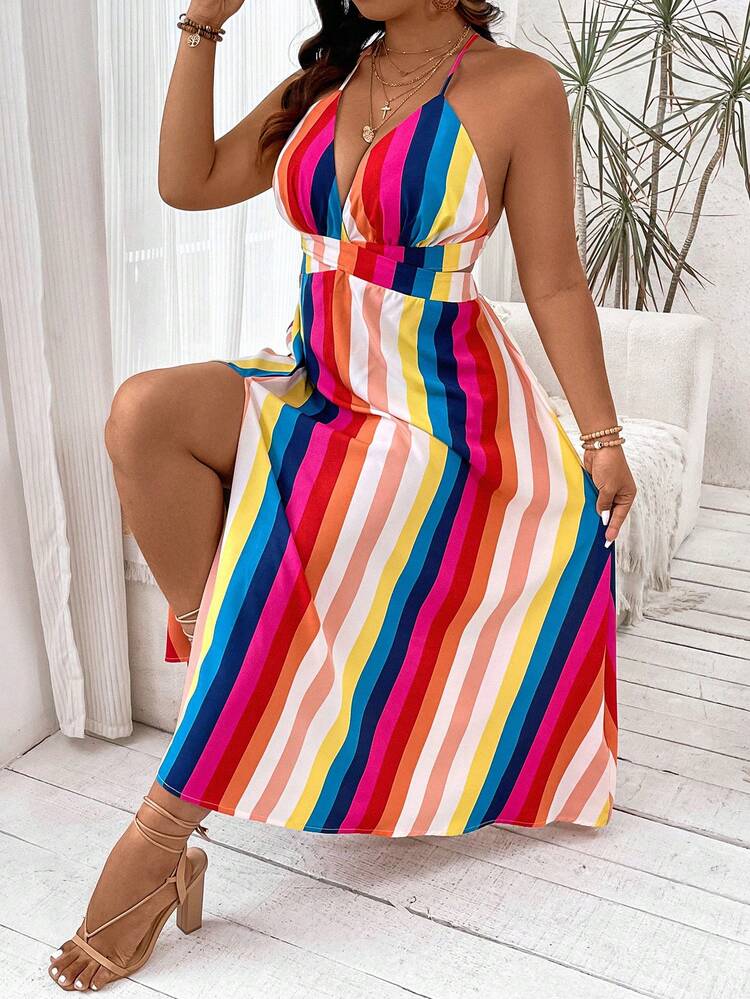Plus Size Rainbow Striped High Slit Halter Backless Dress With Tied Straps