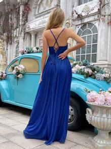 Bling Bridesmaid Gown Fashion Girls Formal Dress Women Long Gowns For Wedding, Formal Events, Wedding Guest, Dinner, Engagement Party Pleated High Slit Hem Sleeveless Dresses - 寶藍色 - 查看 2