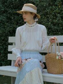 Simple Retro 女士刺繡花朵高領長袖襯衫 - 白色 - 查看 4