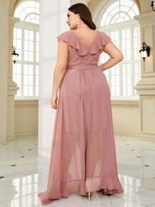 Plus Size Asymmetrical Ruffle Waist Belt Chiffon Party Dress - Pink - View 2