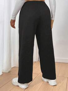 SHEIN LUNE Women's Plus Size Drawstring Waist Black Straight Pants Graduation,Back To School Outfits,Graduation,Teacher Outfits For Women,Back To School - Black - View 2
