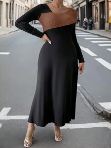 SHEIN Clasi Plus Size Women's Color Block Long Sleeve Dress