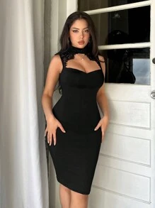 Firerie Wedding Daily Elegant Holiday Date Party INS Elegant Lace Bodycon Dress With Open Back For Summer Sexy Dress - Black - View 3