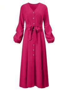 Zolique Solid Color V-Neck Button Front Lantern Sleeve Dress - Hot Pink - View 3