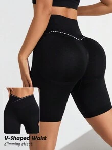 SHEIN Daily&Casual 單色高腰運動短褲 - 黑色 - 查看 1