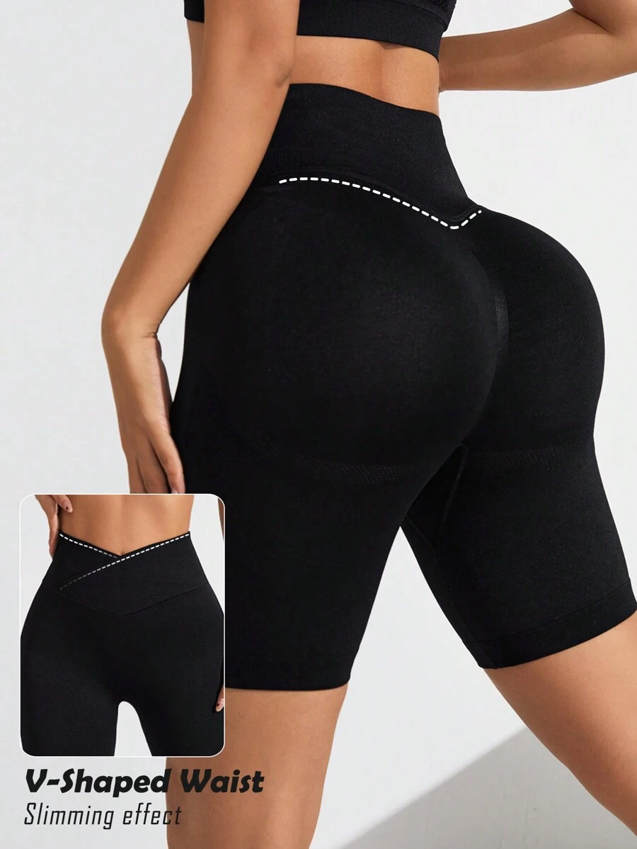 SHEIN Daily&Casual 單色高腰運動短褲 - 黑色 - 查看 1