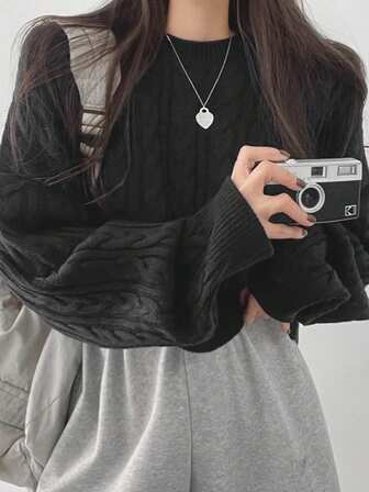 2025 New Arrival Solid Color Long Sleeve Loose Textured Knit Sweater, Autumn/Winter