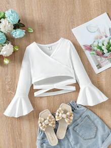 SHEIN Young Girl Elegant Cross V-Neck Bell Sleeve T-Shirt For Spring/Summer
