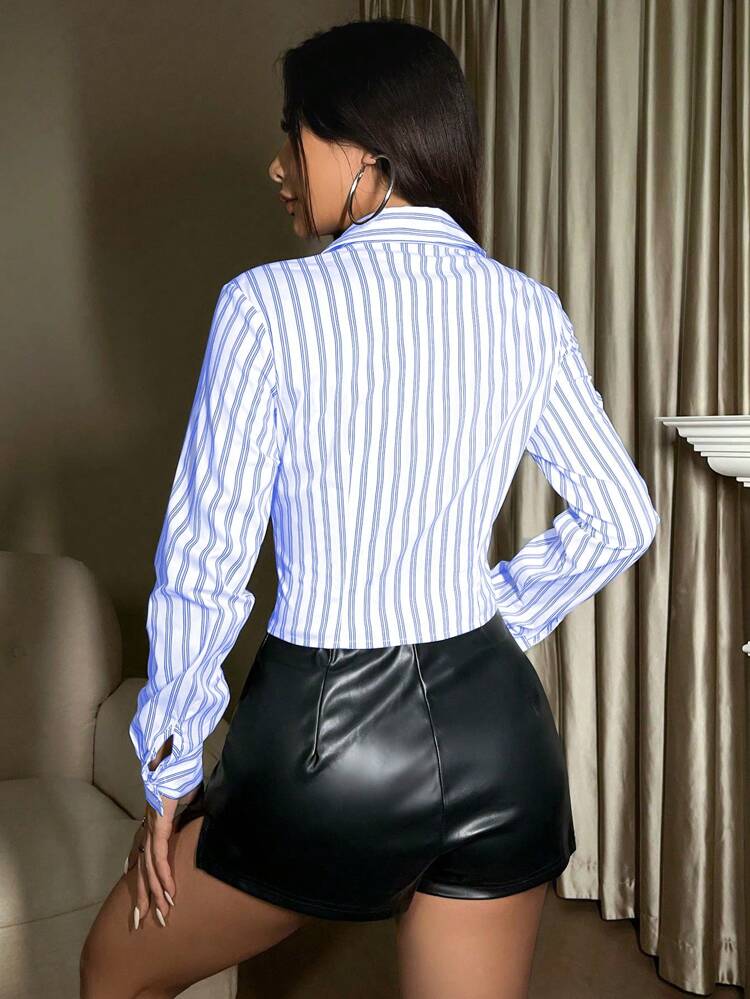 Women's Fashionable Striped Shirt With Turn Down Collar, Long Sleeves Fall Cloth For Women