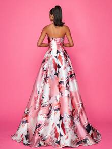 Vestido de noche de satén con estampado, corte en A, hombros descubiertos, abertura alta y longitud hasta el suelo - Rosa - Ver 3