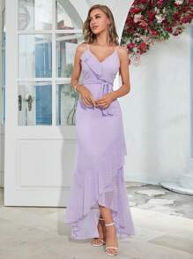 Women's Summer Swiss Dot Asymmetrical Hem Dress With Ruffle Collar - Lilac Purple - View 1