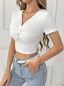 SHEIN Privé 女士短袖v領扭結前綁帶五顏六色修身t卹3件套 - 彩色 - 查看 5