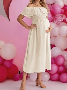SHEIN Solid Color Maternity Off-Shoulder Ruffled Edge High Waist Dress - Apricot - View 9