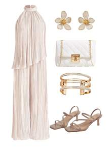 SHEIN Ellevyn Women's Asymmetrical Hem Halter Top And Wide Leg Pants Set