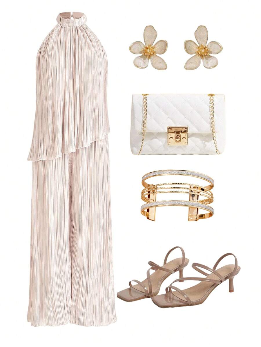 SHEIN Ellevyn Women's Asymmetrical Hem Halter Top And Wide Leg Pants Set