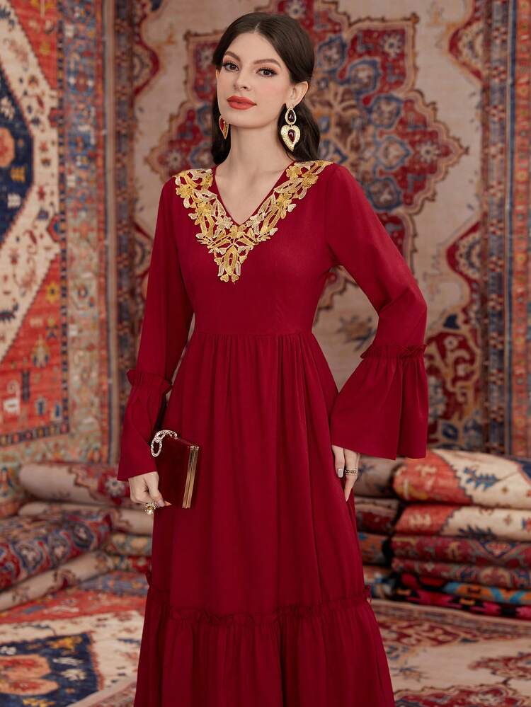 Burgundy Red Women's Embroidered Neckline, Lotus Flap Hem Dress Long Evening Dresses Fall Cloth For Women