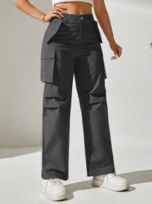 SHEIN PETITE 實色拉鍊口袋貨物黑褲 - 深灰色 - 查看 4