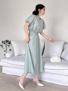 DAZY 女士短款泡泡袖圆领衬衫和裙子套装，女士两件套 - 藍色 - 查看 3