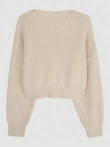 1 件女式纯色宽松落肩圆领毛衣 - 杏色 - 查看 2