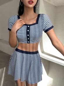 DAZY 女士甜心领口短袖几何印花无线比基尼套装，适合夏季海滩度假 - 藍色 - 查看 4