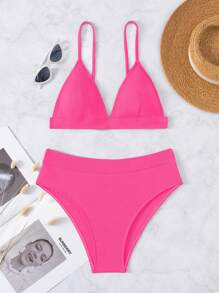 SHEIN Swim Conjunto de bikini inalámbrico de escote en V, conjunto de bikini de dos piezas acanalado, traje de baño, atuendo de playa, vacaciones de verano, playa de verano - Rosa Fucsia - Ver 4