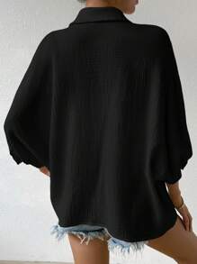 Calvaya Camisa De Manga Larga Abotonada unicolor Con Textura - Negro - Ver 2