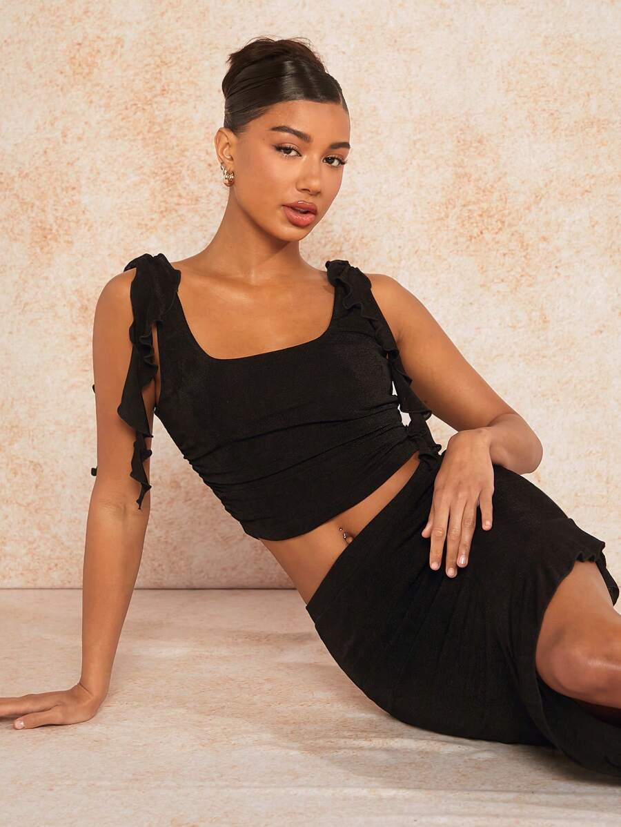 SHEIN BAE Top estivo con collo alto in pizzo per vacanze in spiaggia, carini top estivi, top Tankini, abiti per festival musicali - nero - Visualizzare 1