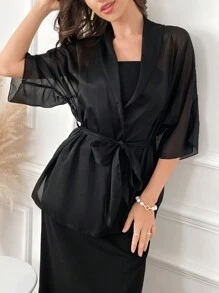 Modelyn Solid Color Casual Strapless Dress And Shawl Collar Coat - Black - View 7