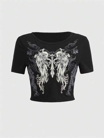 Grunge Punk Wings Print Crop Tee