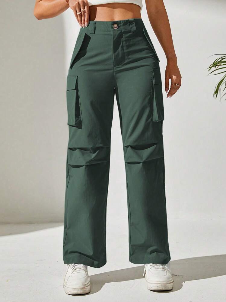 SHEIN PETITE Solid Flap Pocket Cargo Black Pants - Green - View 3