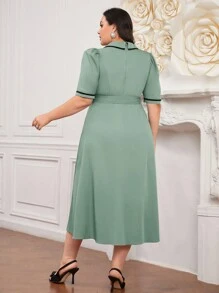 Modelyn Plus Size Color-Blocked Puff Sleeves Shirt Dress With Waist Tie - Green - View 2