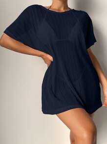 SHEIN Swim Summer Beach Women's Round Neck Batwing Sleeve Cover Up Dress - Navy Blue - View 1