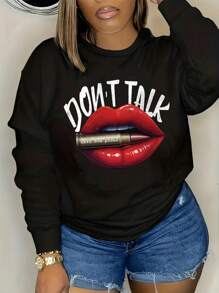 INAWLY Kích thước lớn Của phụ nữ Môi & Lá thư In Vòng cổ Áo nỉ - màu đen - Xem 1