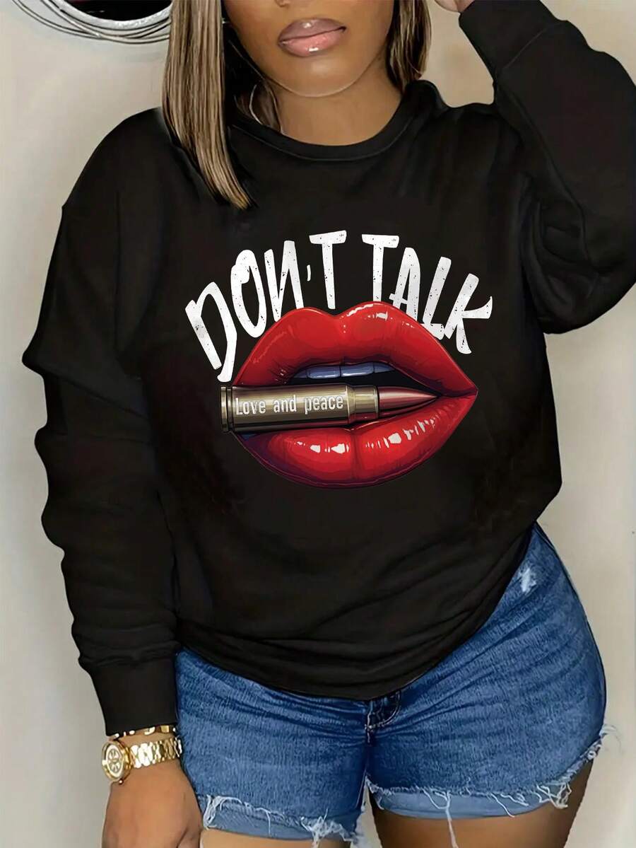 INAWLY Kích thước lớn Của phụ nữ Môi & Lá thư In Vòng cổ Áo nỉ - màu đen - Xem 1