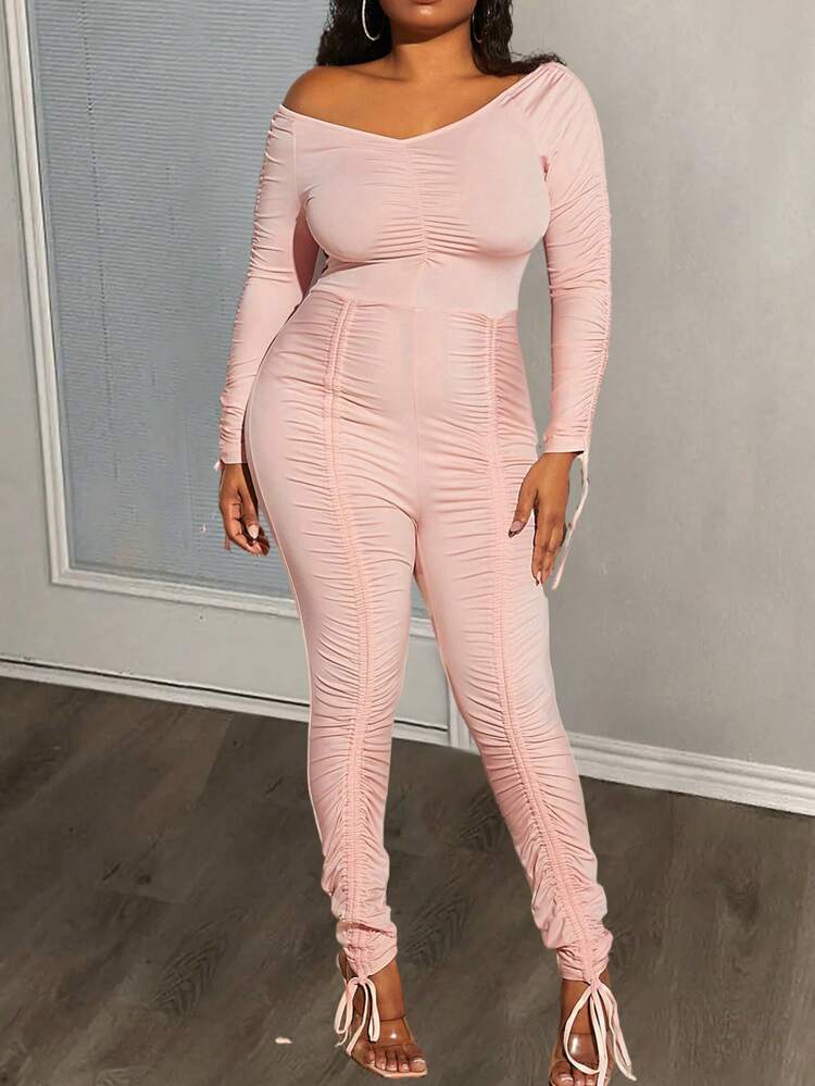 Asymmetrical Shoulder Drawstring Ruched Front Skinny Jumpsuit