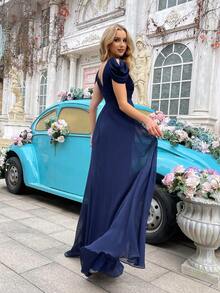 QOQ Elegant Flowing Navy Blue V-Neck Chiffon Bridesmaid Gowns Dresses - Navy Blue - View 2