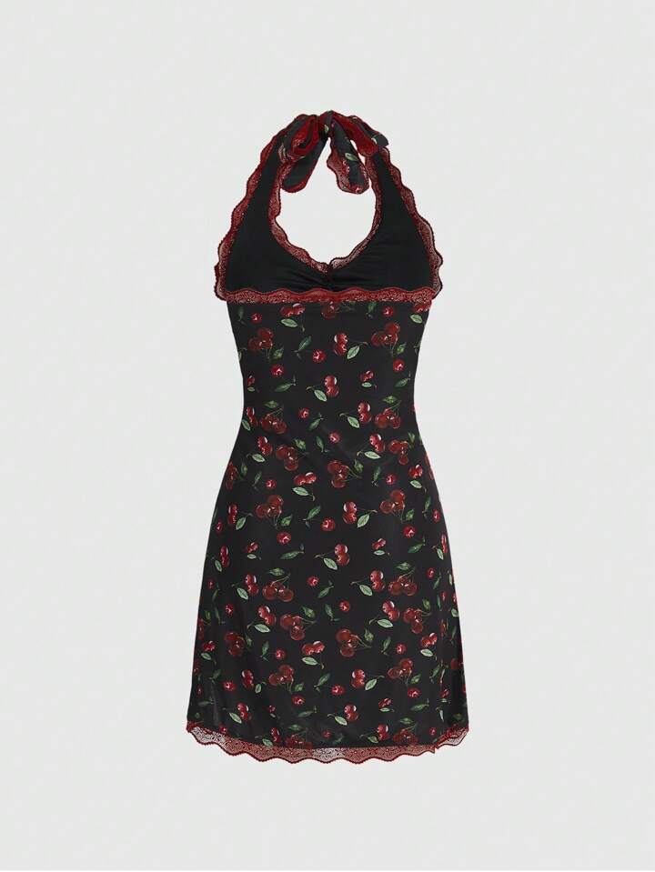 Our Kawaii Cherry Print Splicing Lace Halter Neck Dress is such a vibe -  ROMWE