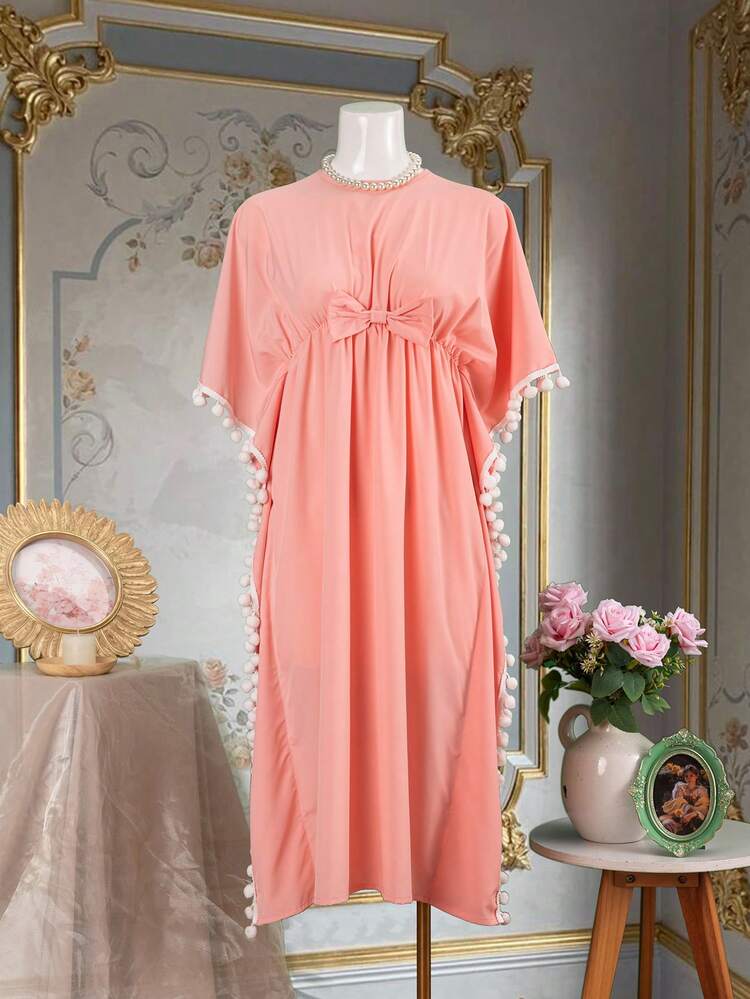 Fashionable Furry Ball Batwing Sleeve Dress For Tween Girls