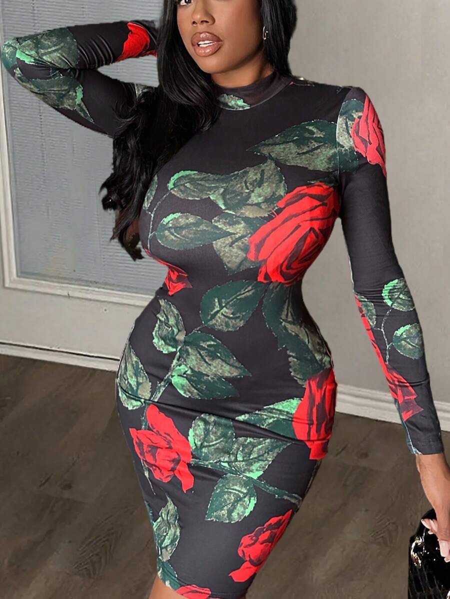 Slaydiva 女款修身玫瑰印花洋裝 - 黑色 - 查看 1