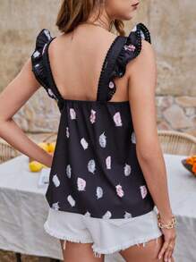 SHEIN Frenchy كاميسول ذو حمالات مزين بطبعات الريش والدانتيل، مناسب لفصل الصيف والعطلات