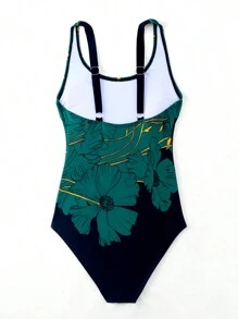 Swim Lushoire 2025 女式撞色花卉印花连体泳衣，适合海滩/度假夏季 - 綠色 - 查看 2