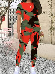 SHEIN Ladies' Camouflage Print Round Neck Short Sleeve T-Shirt And Pants Set - Red - View 1