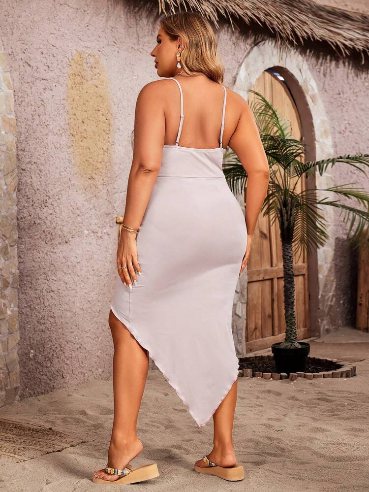 Plus Size Plain Ruched Wrap Design Asymmetric Hem Spaghetti Strap Dress